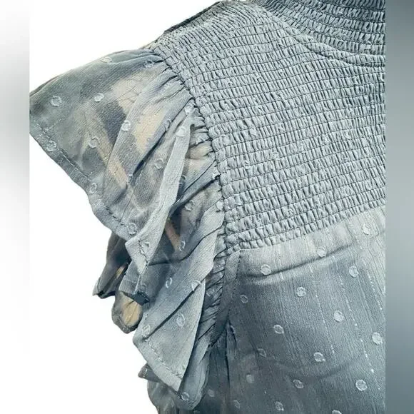 Aqua Ruffle Dress Smocked Short Sleeve Blue Swiss Dot Womens size Large - Picture 11 of 15